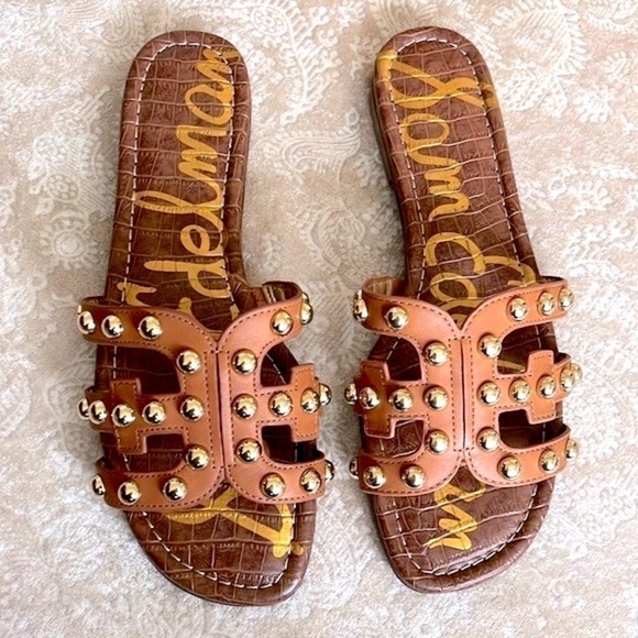 Brand New Sam Edelman Genuine Leather Sandals Cognac w/ Gold Tone Studs - Picture 3 of 14